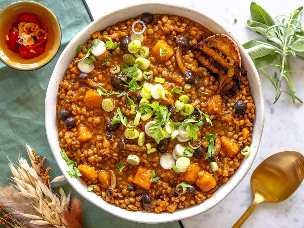 lentil stew with mushrooms and butternut squash