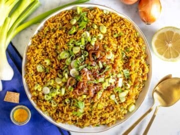 mujadara lentil and rice topped with scallions