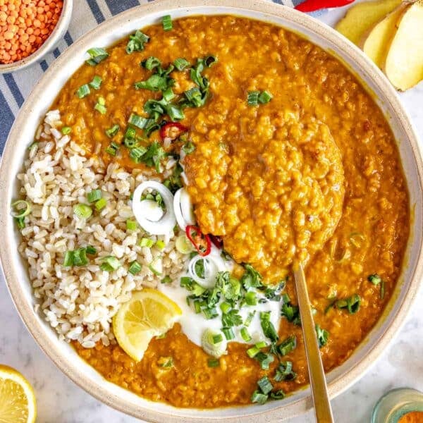 Red lentil curry with brown rice.