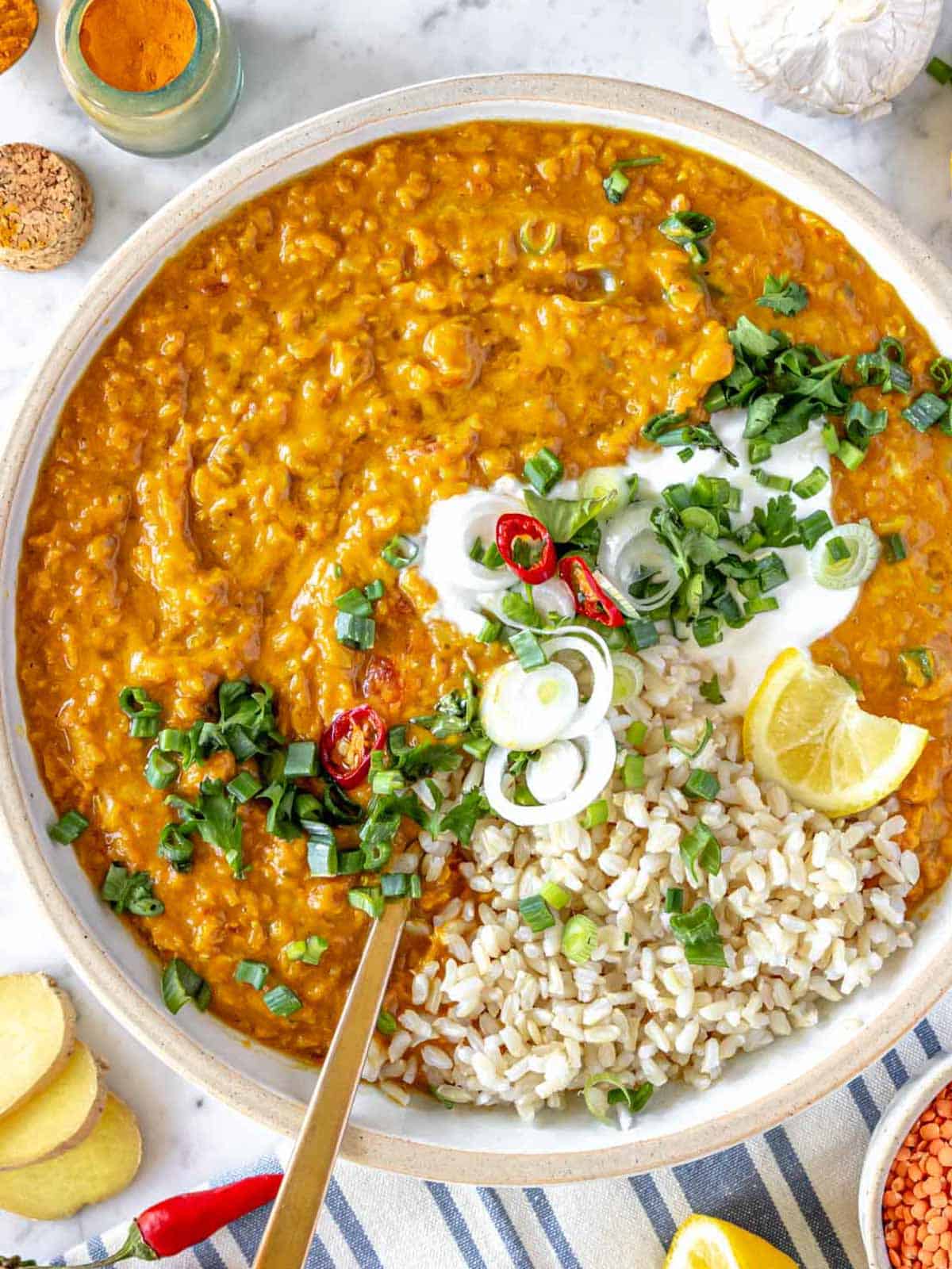 Red lentil curry with rice.