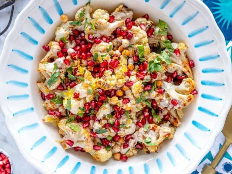 cauliflower salad in a hand-painted serving bowl