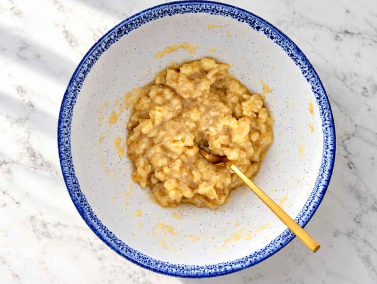 Step 1 Ripe bananas mashed with a fork until mostly smooth.
