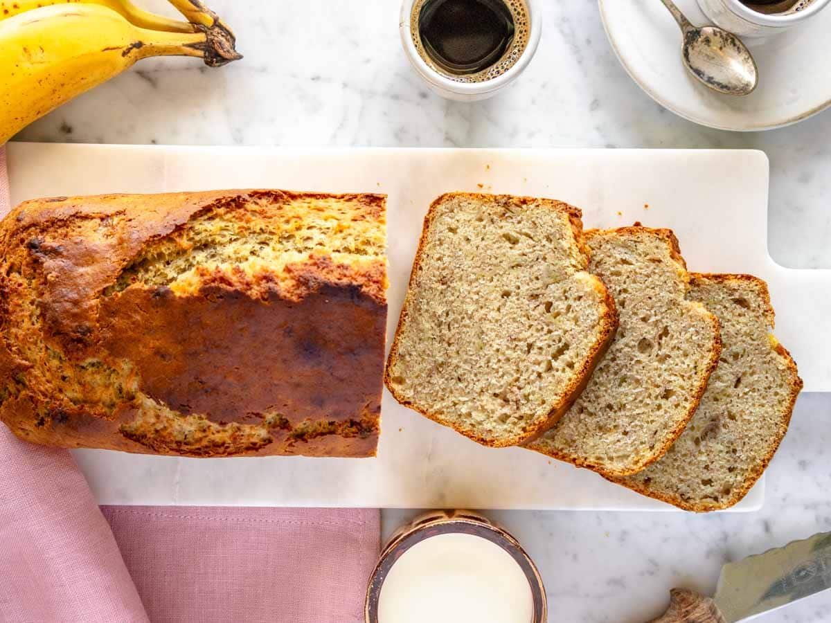 vegan banana bread on a cutting board