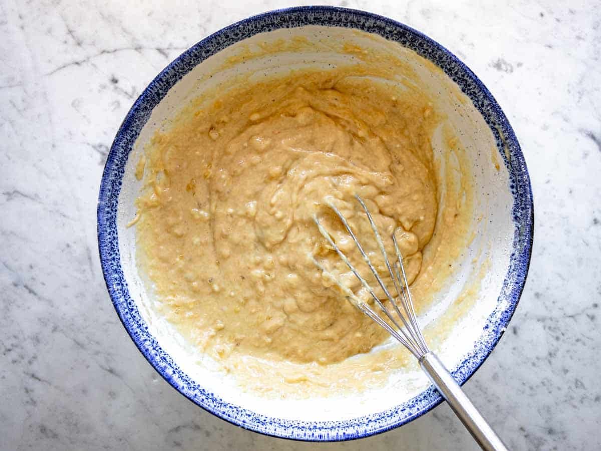 dry ingredients and wet ingredients in a bowl