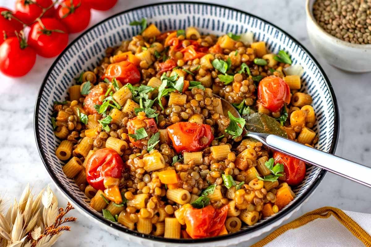 lentil pasta with cherry tomatoes