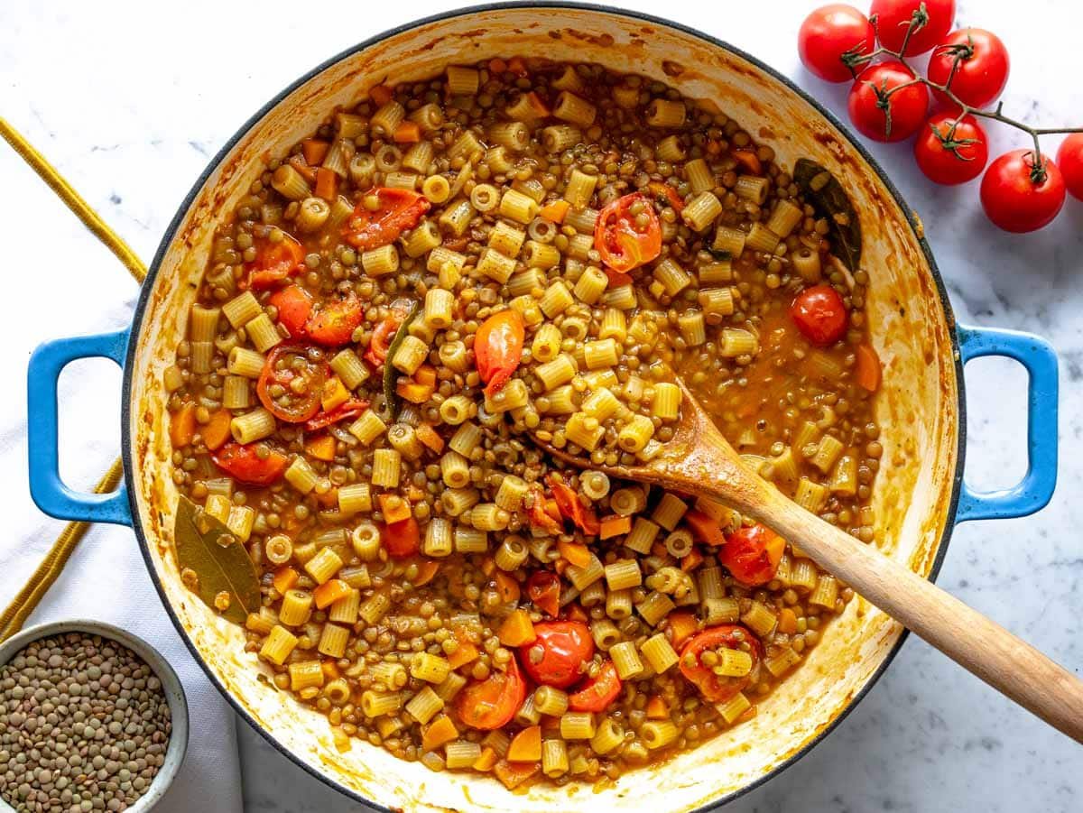 lentil pasta in a large skillet