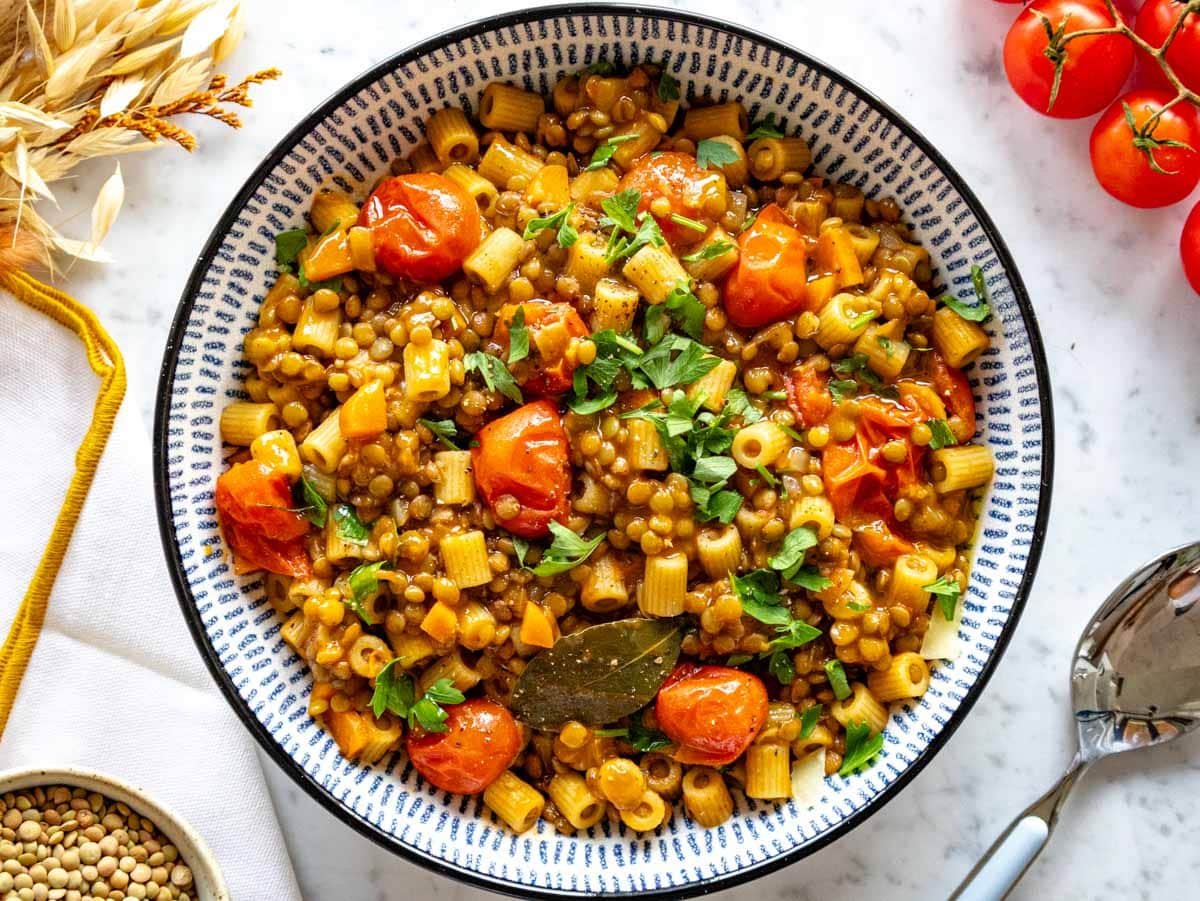 Creamy lentil pasta in a bowl