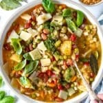 minestrone soup in a white bowl