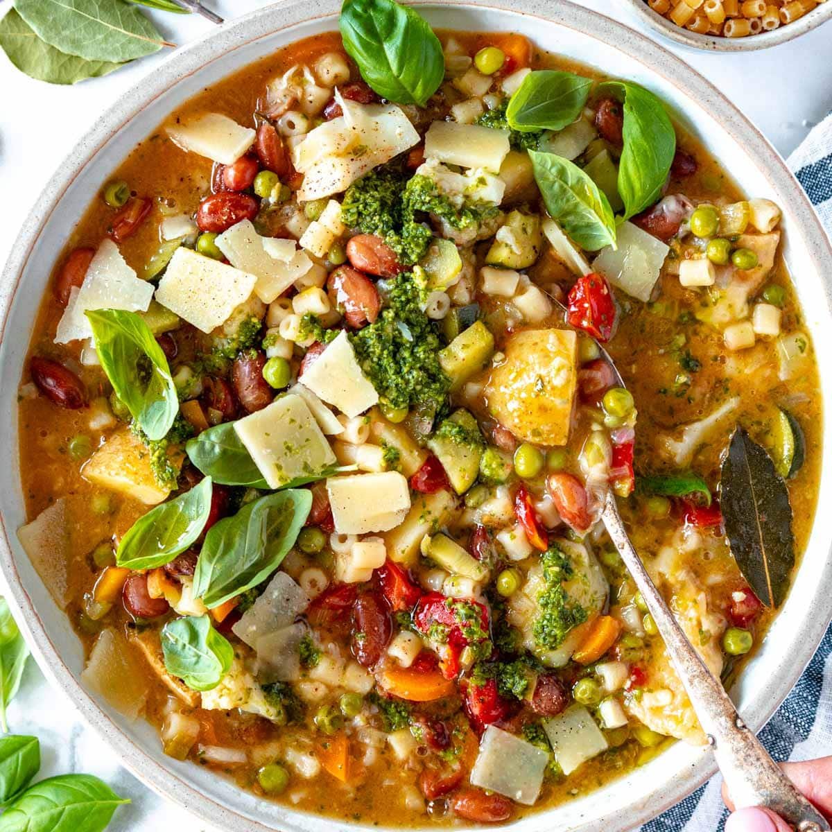 minestrone soup in a white bowl