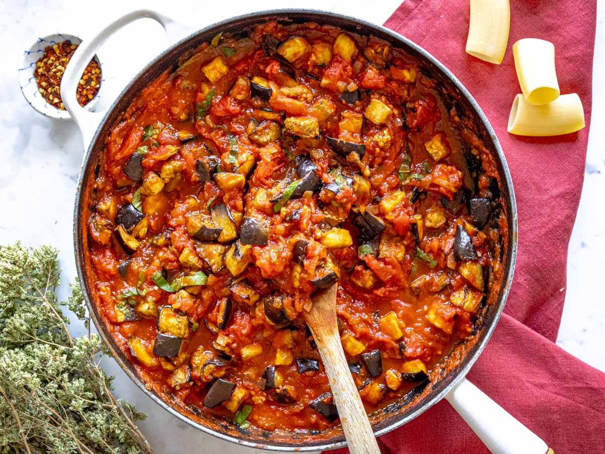 Pasta alla Norma tomato and eggplant sauce