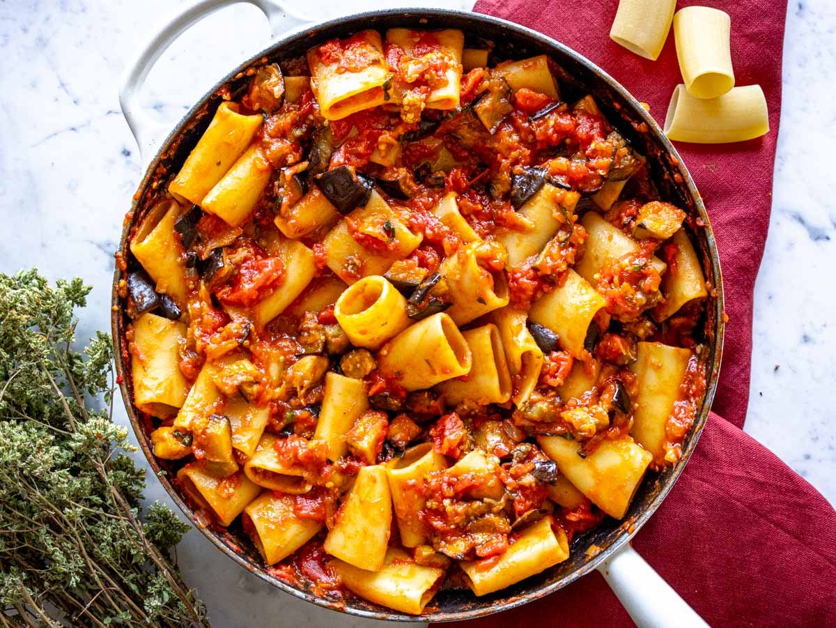 eggplant pasta alla norma in a large skillet