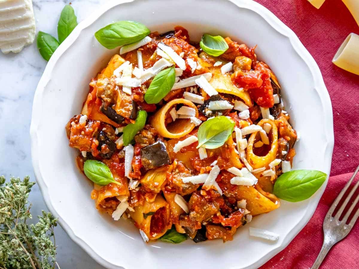 eggplant pasta with a rich tomato sauce