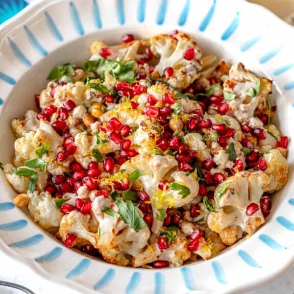 Roasted cauliflower salad with pomegranate seeds.