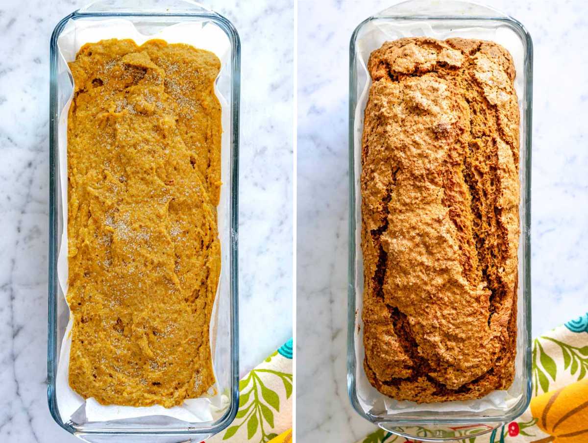 vegan pumpkin bread before and after baking