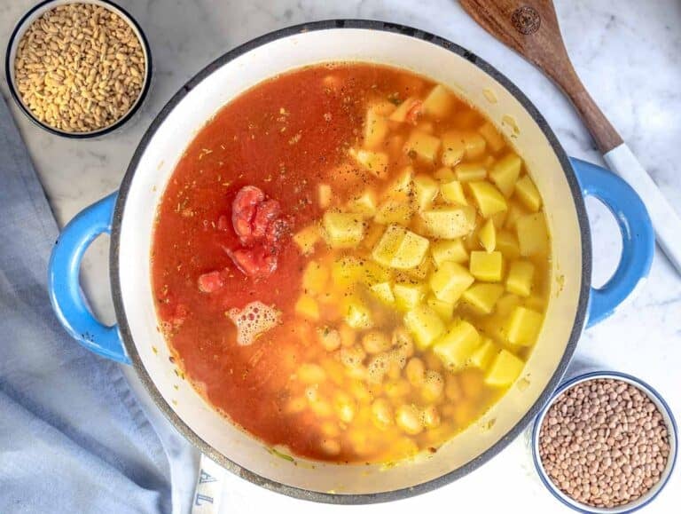 Vegetable broth, tomatoes, potatoes, and beans simmering in a pot.