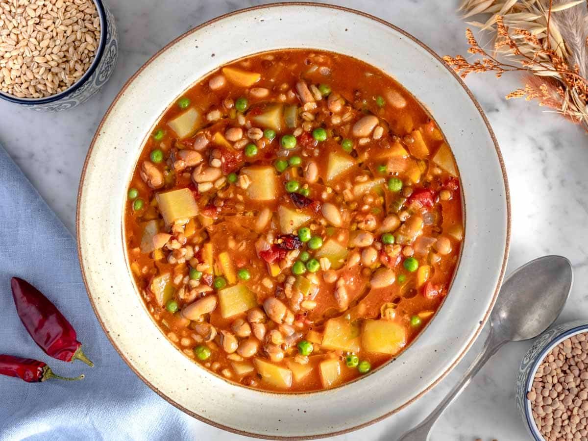 Barley soup served in a hand-made bowl.