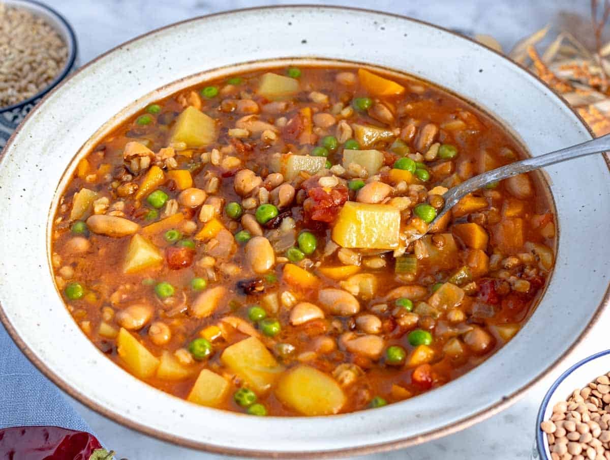 barley soup with lentils, peas, and beans