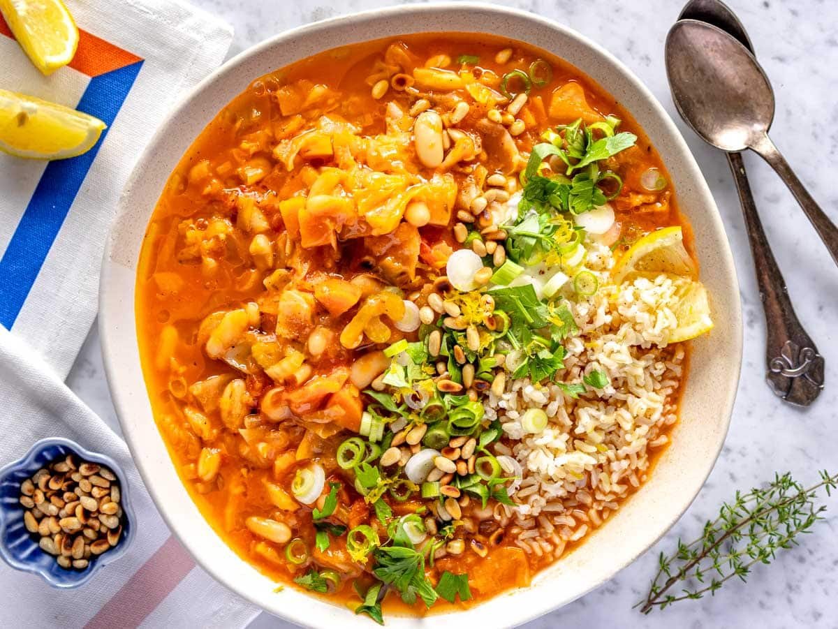 cabbage soup in a white hand-made bowl