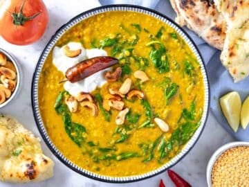 creamy dal served with yogurt, cashews, and lemon juice