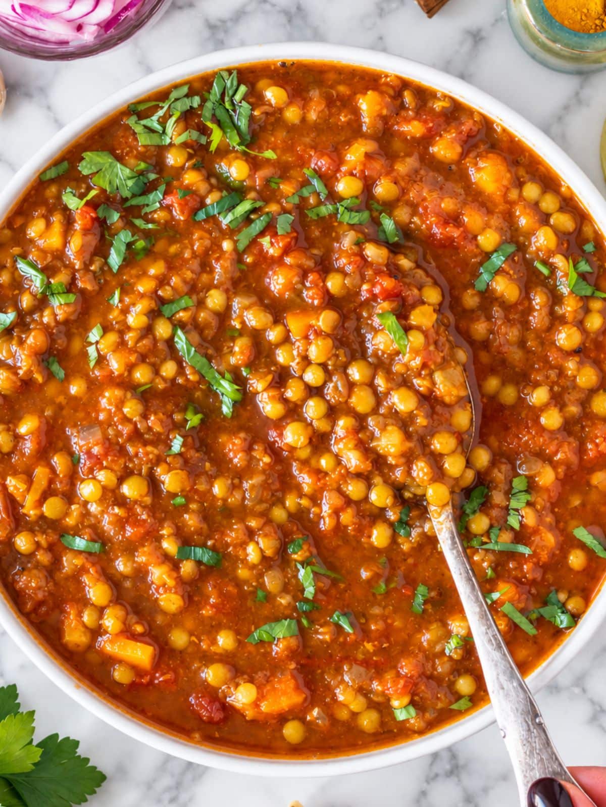 Flat lay of tender lentils and diced vegetables in rich tomato broth.