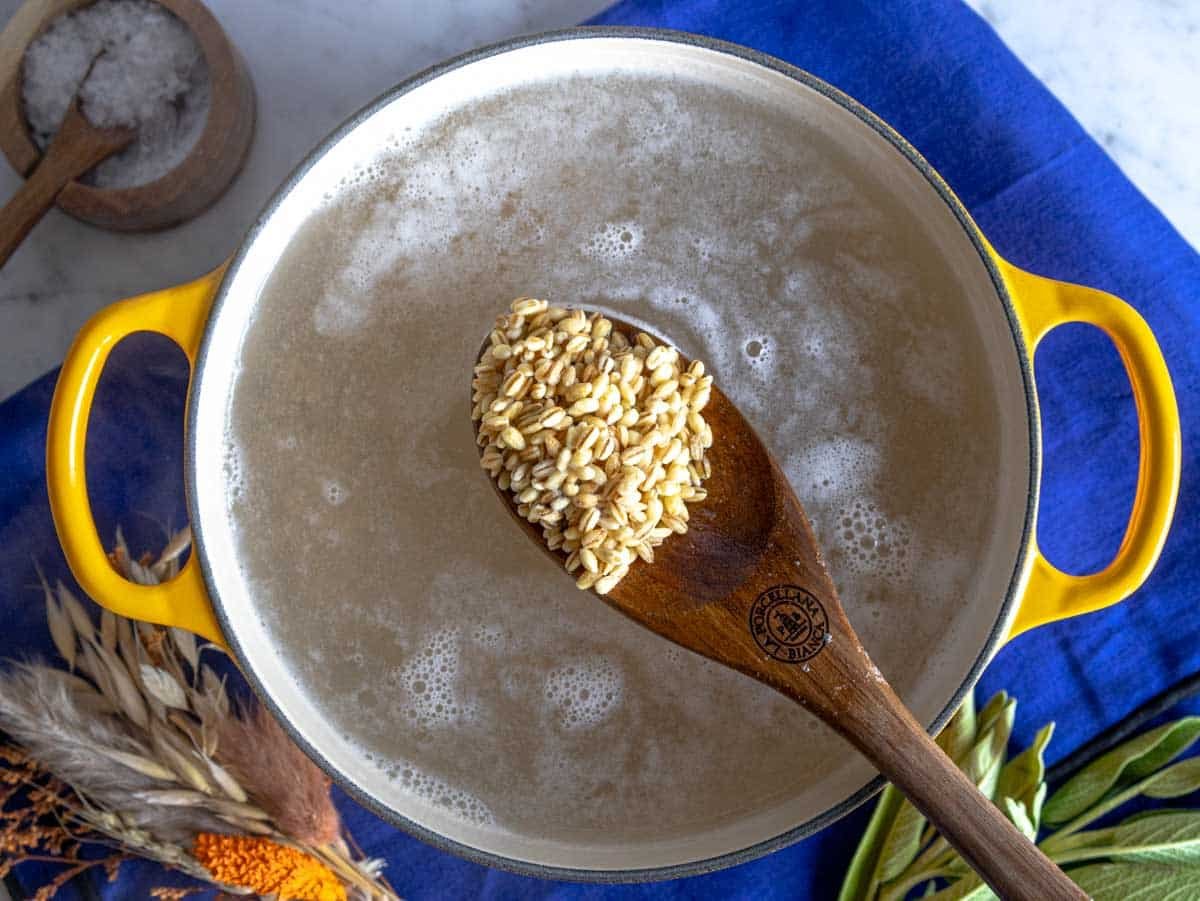 barley in a pot with boiling water