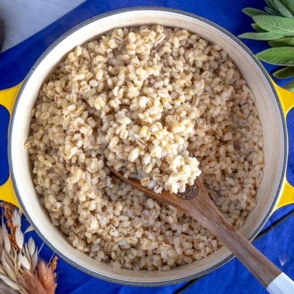 cooked barley and a wooden spoon