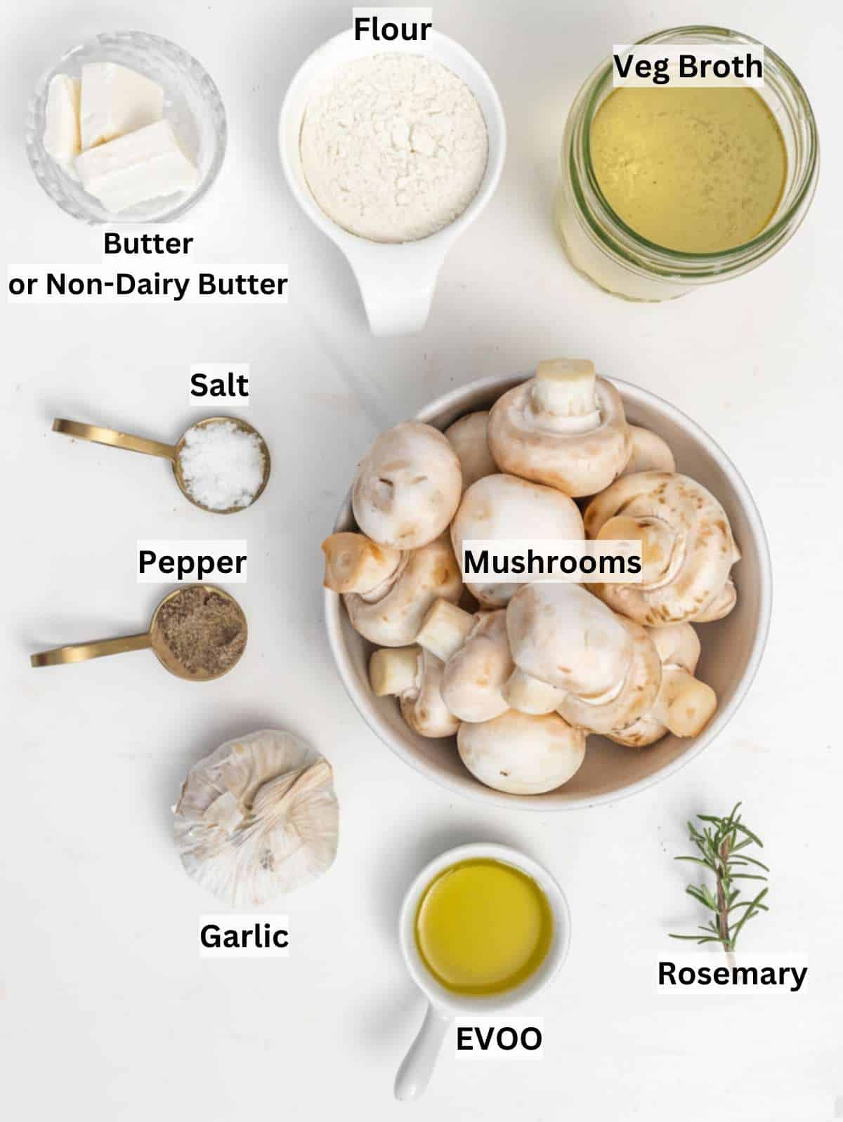 Ingredients for easy mushroom gravy mushrooms herbs broth butter flour and olive oil.