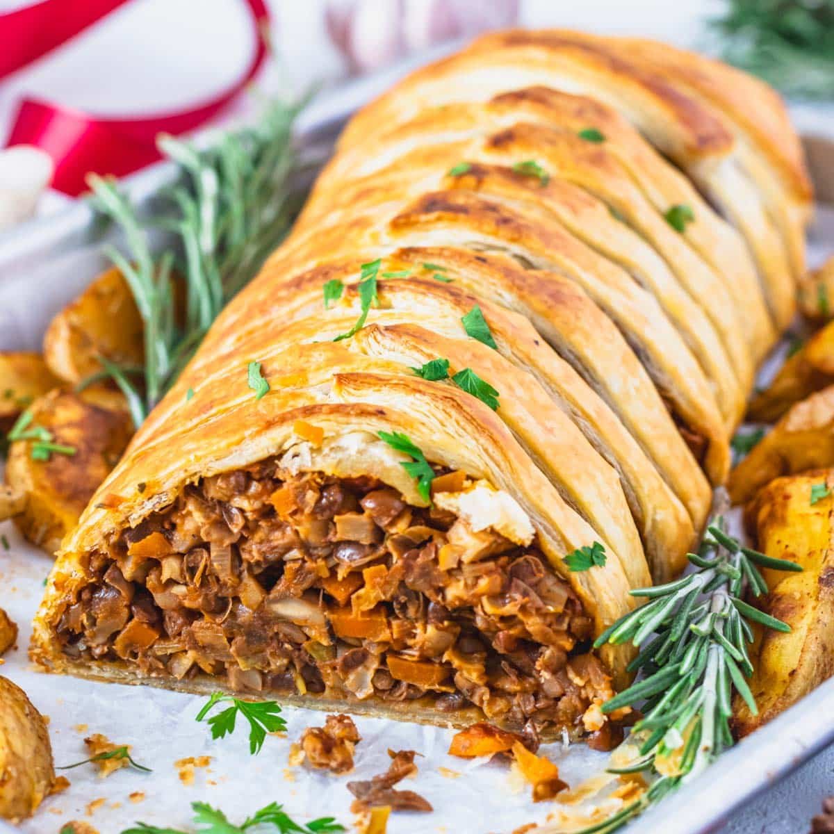 Mushroom wellington with rosemary and roasted potatoes