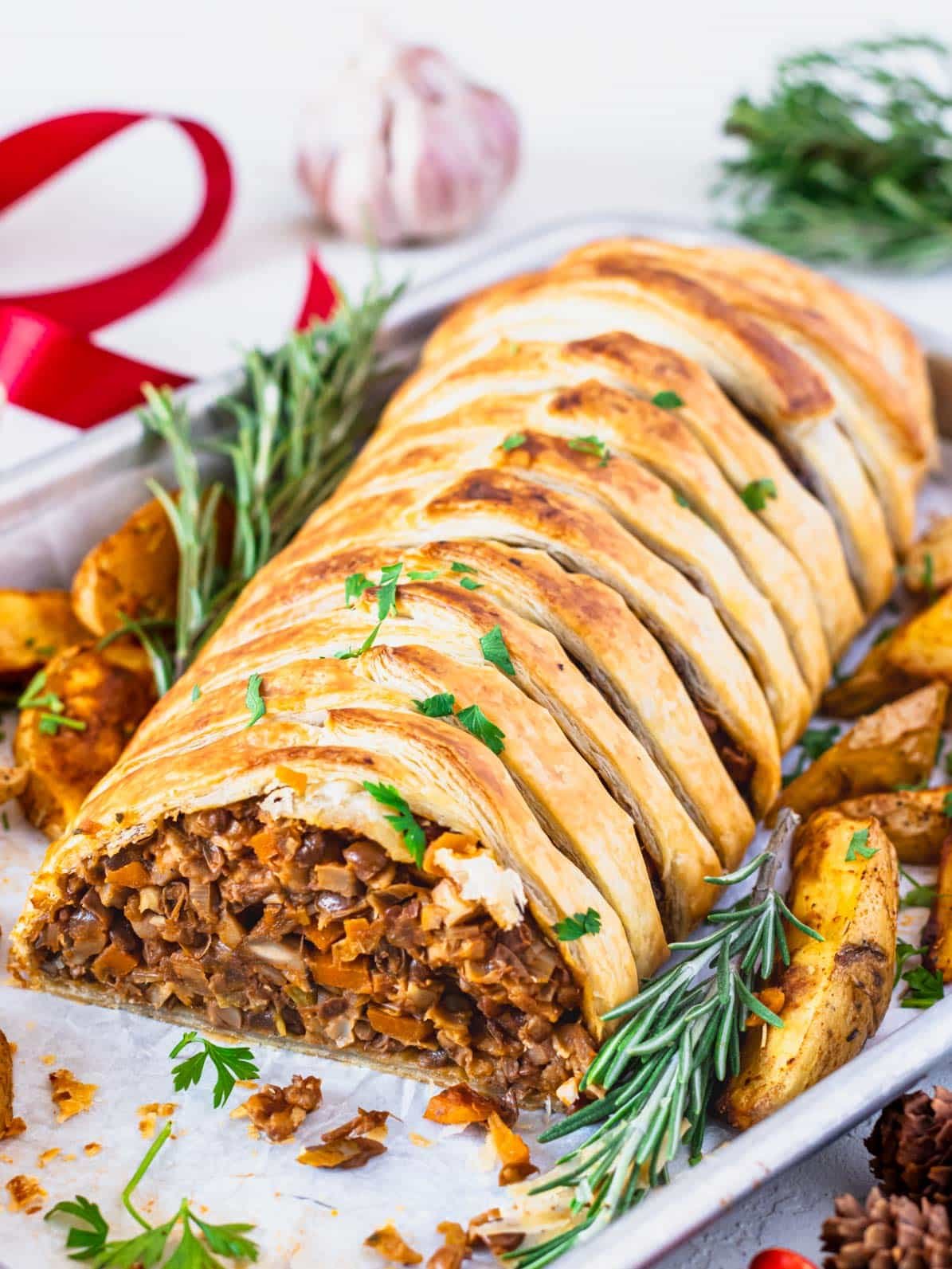 mushroom wellington with roasted potatoes