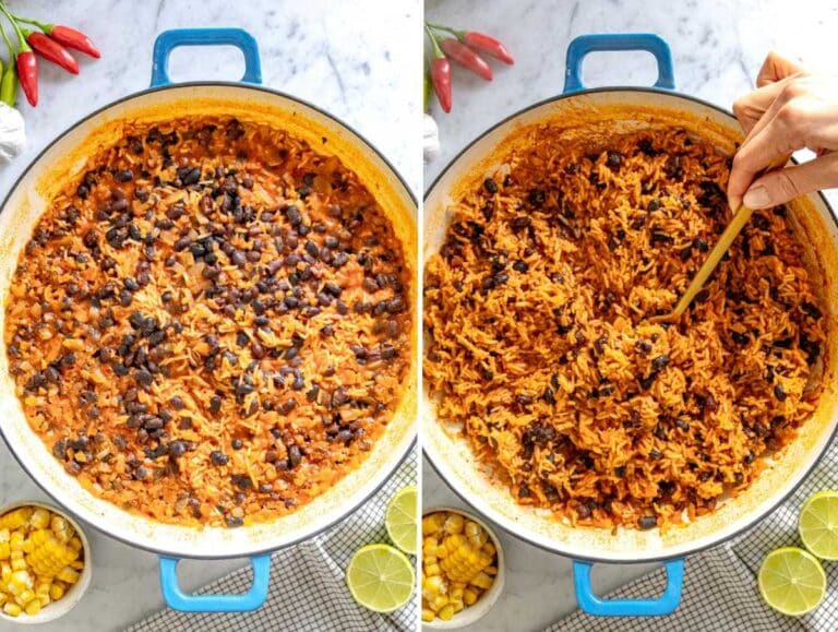 Mexican rice and black beans in a skillet