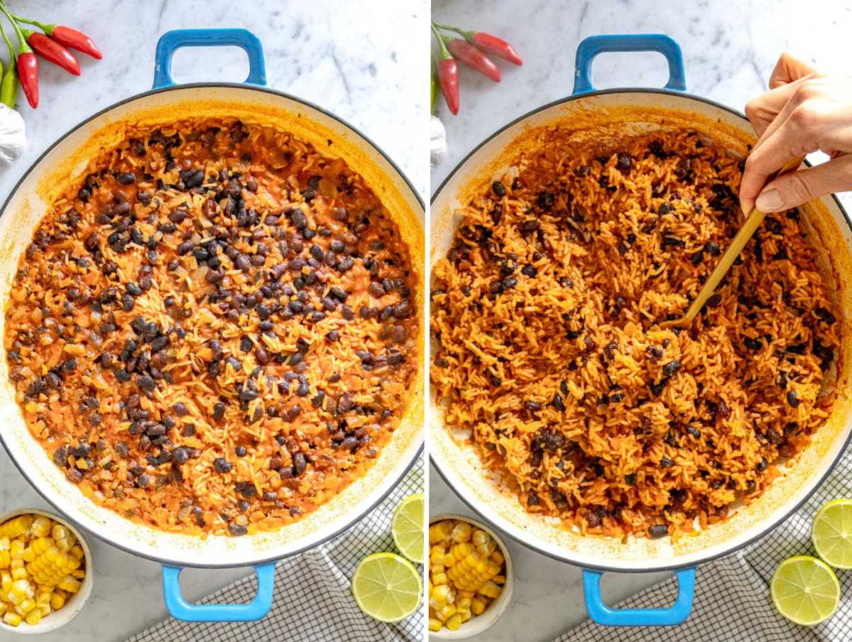 Rice and black beans in a skillet