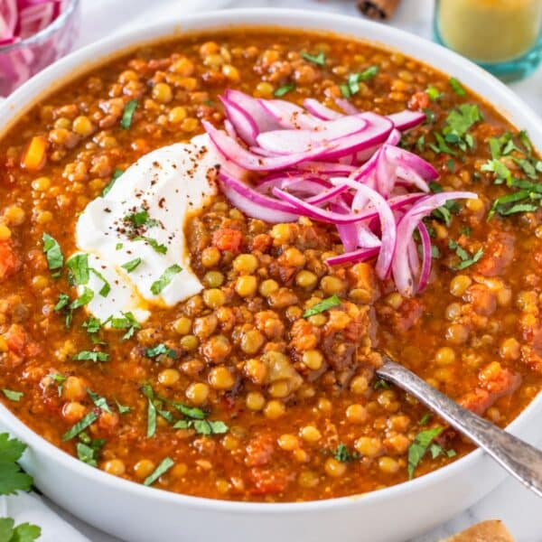 Moroccan lentil soup with yogurt, pickled red onions, and warm pita.