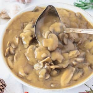 Mushroom gravy in a bowl