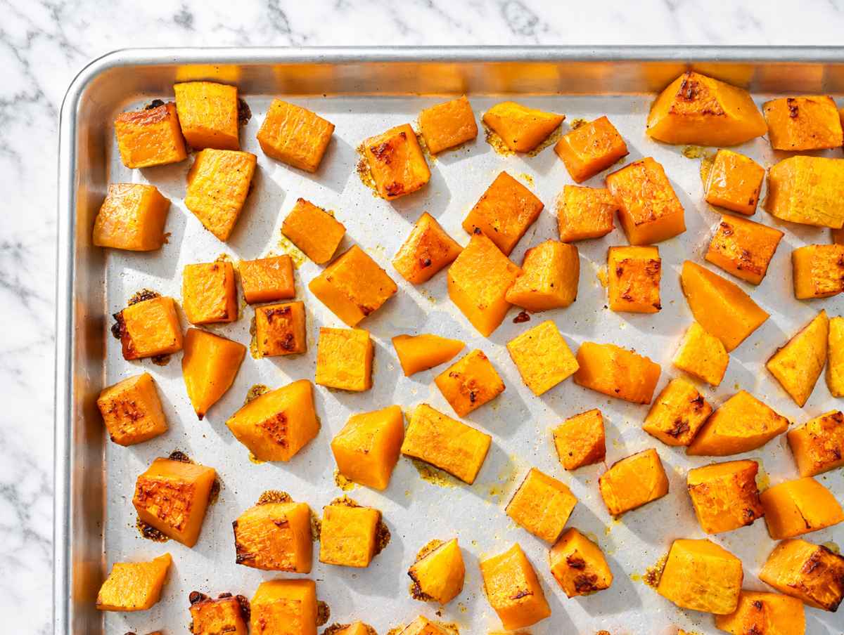 Step 1 Golden roasted butternut squash cooling on the sheet pan.