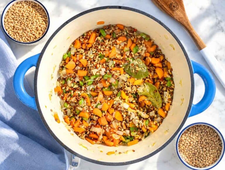 Step 2 Pearl barley and lentils stirred into softened vegetables and aromatic herbs.