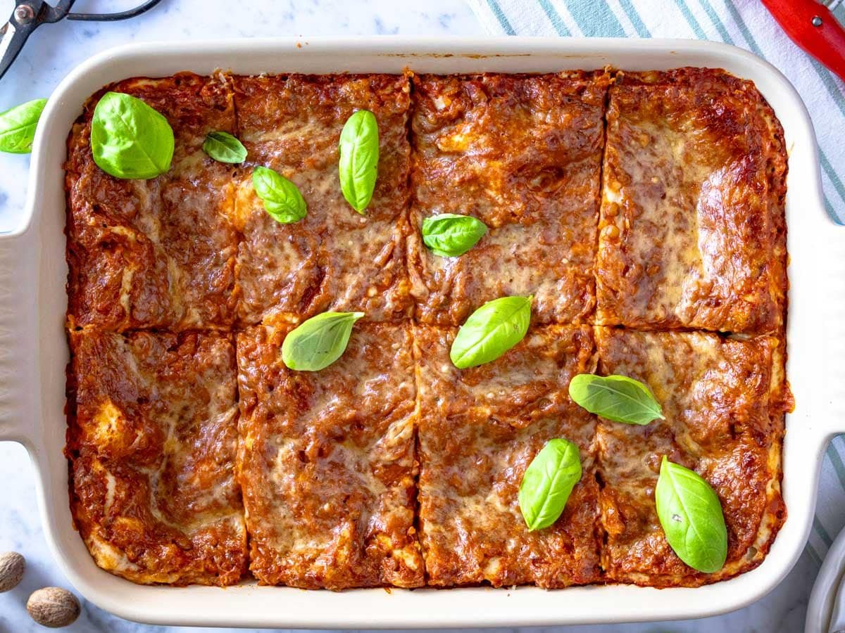 Vegetarian lasagna in a casserole dish