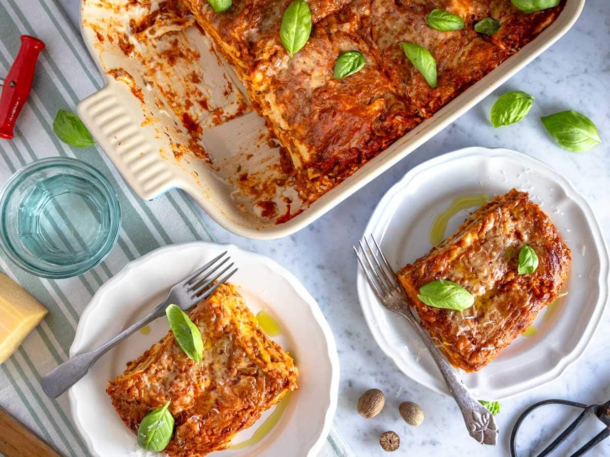 Vegetarian lasagna served into two portions.