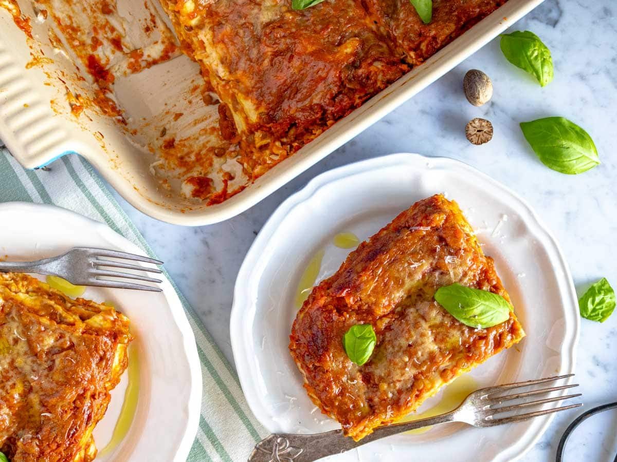 One portion of vegetarian lasagna on a plate.