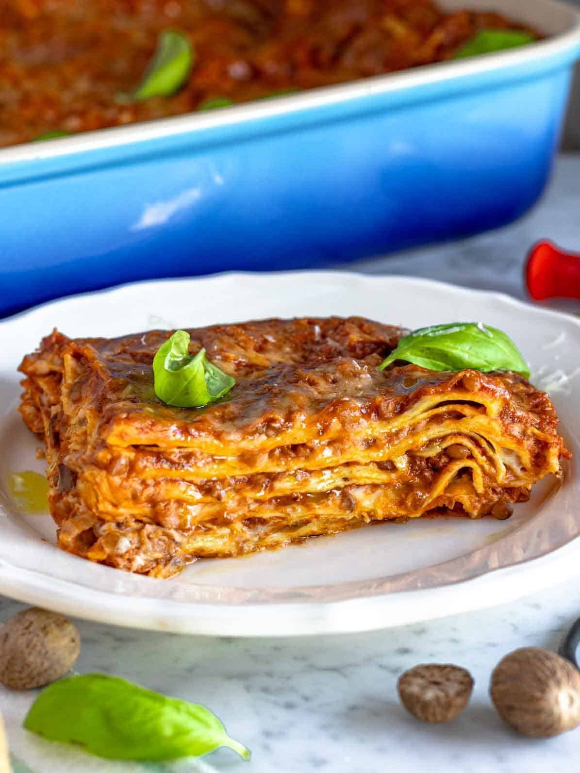 Vegetarian lasagna with a blue casserole