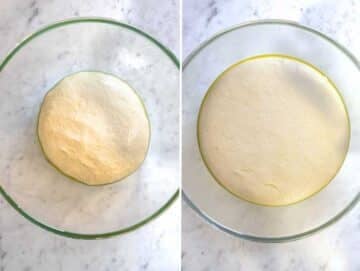dough in a bowl before and after proofing