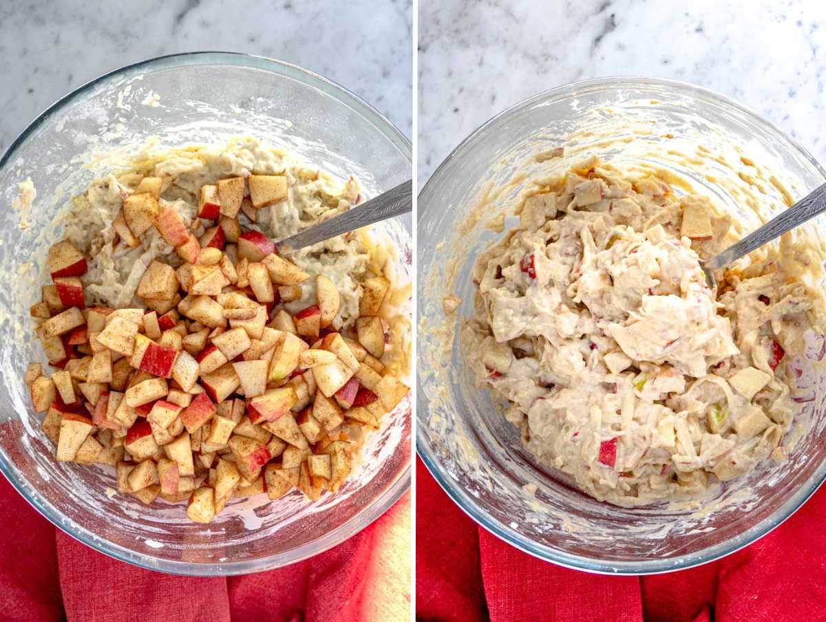 Adding chopped and grated apples into the batter