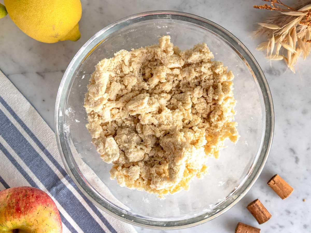 streusel for apple crumble in a glass bowl