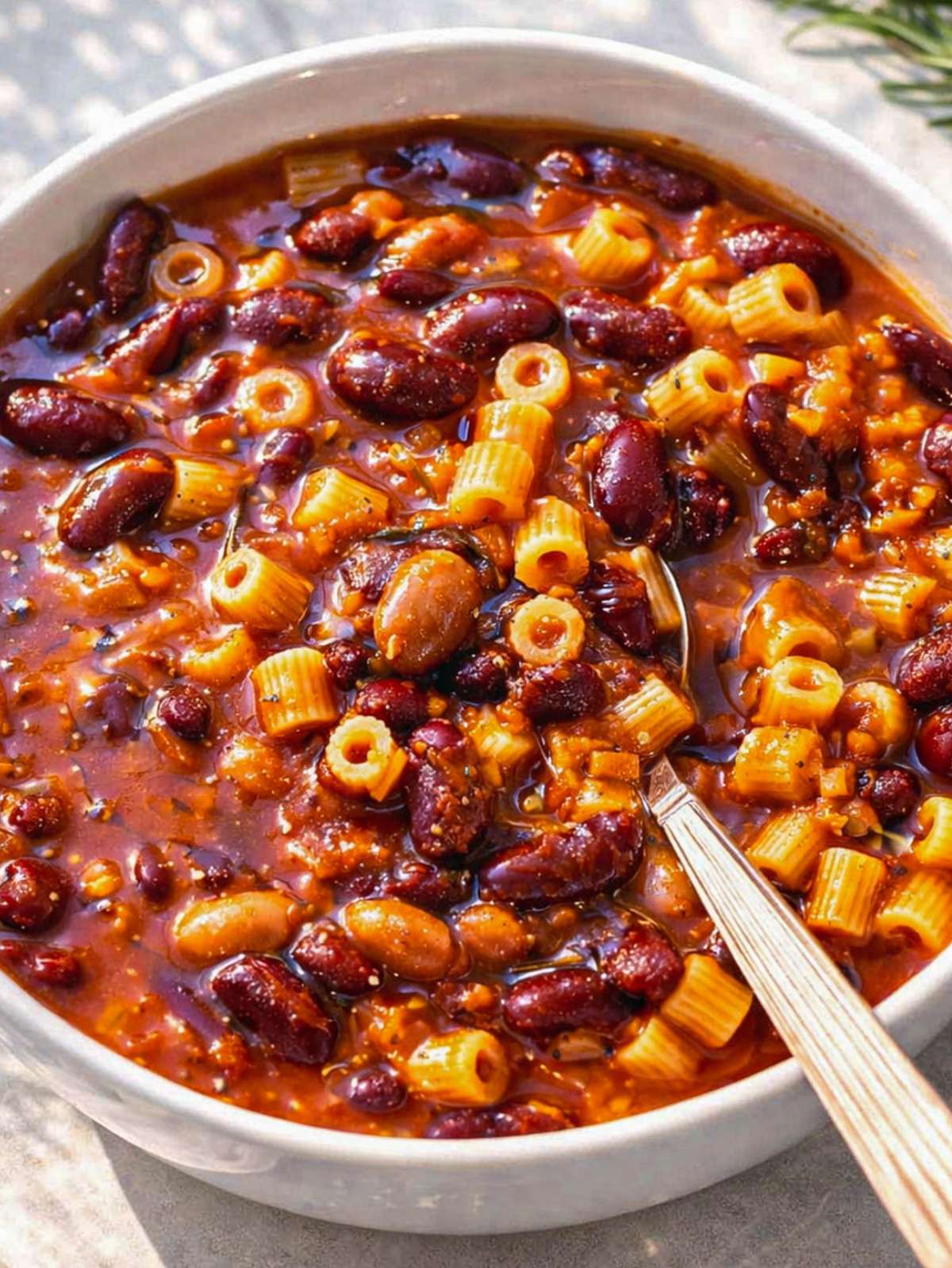 Close up bowl of pasta e fagioli soup creamy beans pasta and vegetables with olive oil.
