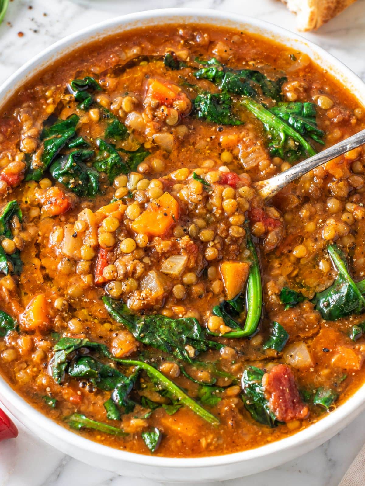Close-up of glossy lentils, tender vegetables, spinach, and rich tomato broth.
