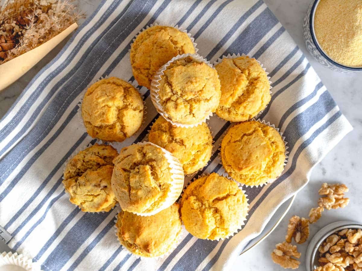 Cornbread muffins on a blue-striped cloth