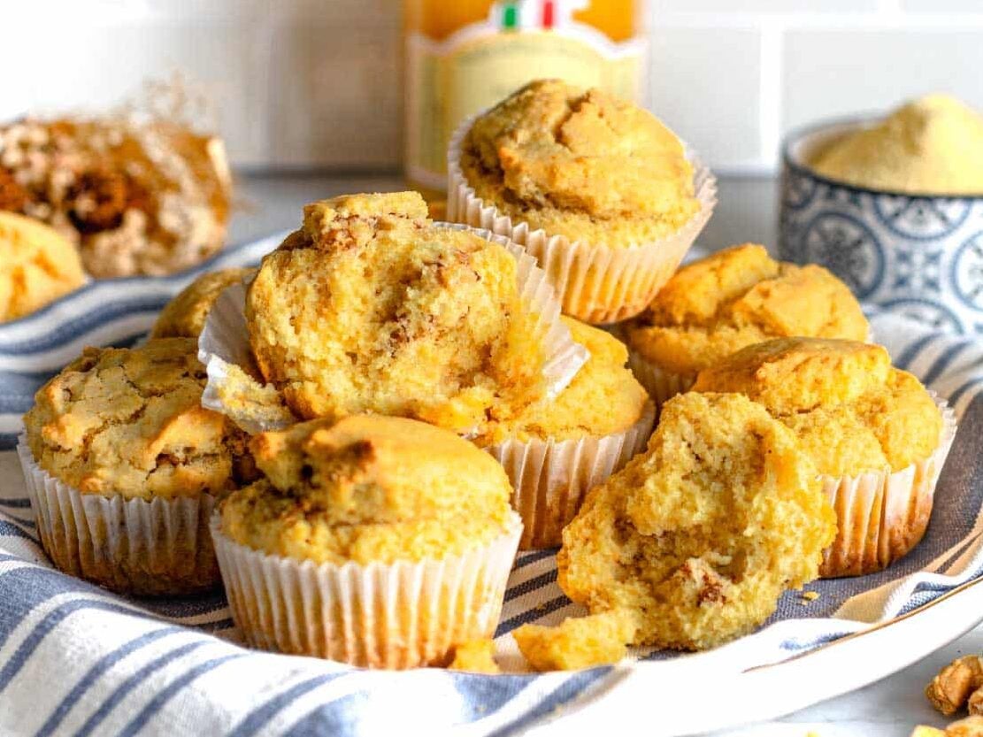 Cornbread muffins opened with walnuts inside