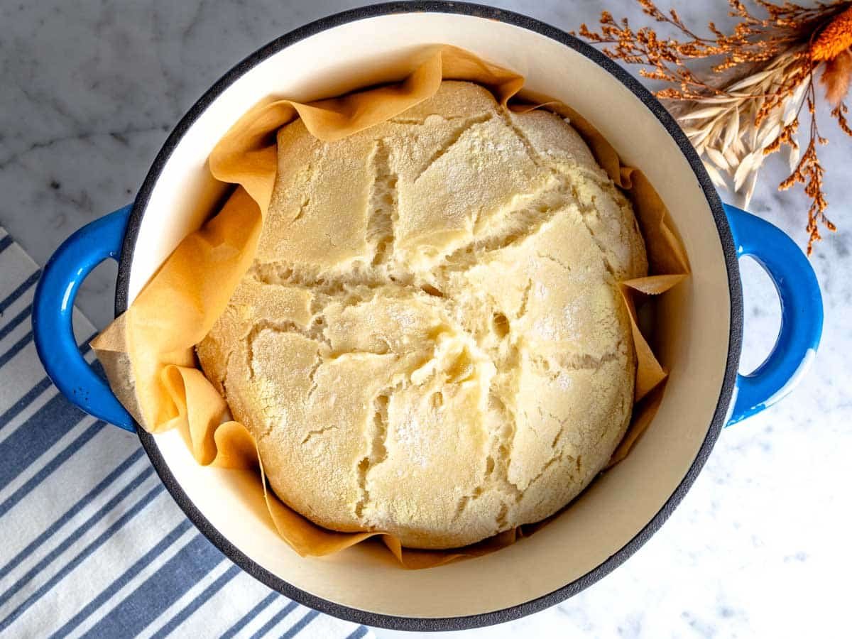 Homemade bread in a dutch oven after 20 minutes of baking.