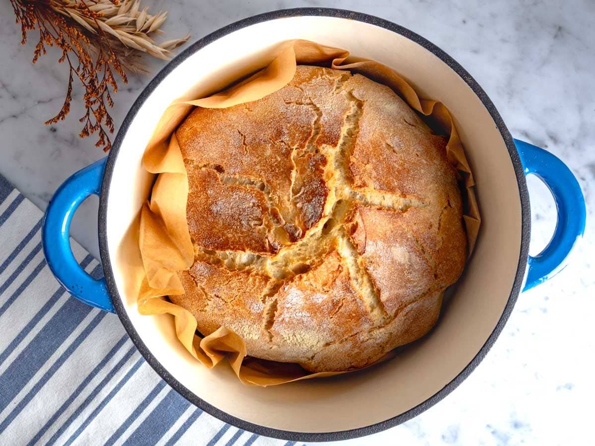 Homemade bread loaf cooked in a Dutch oven.