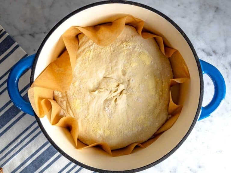 Loaf inside a Dutch oven.