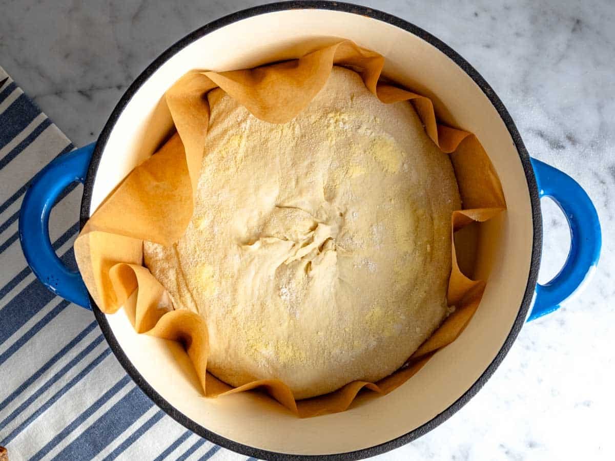 Loaf inside a Dutch oven.